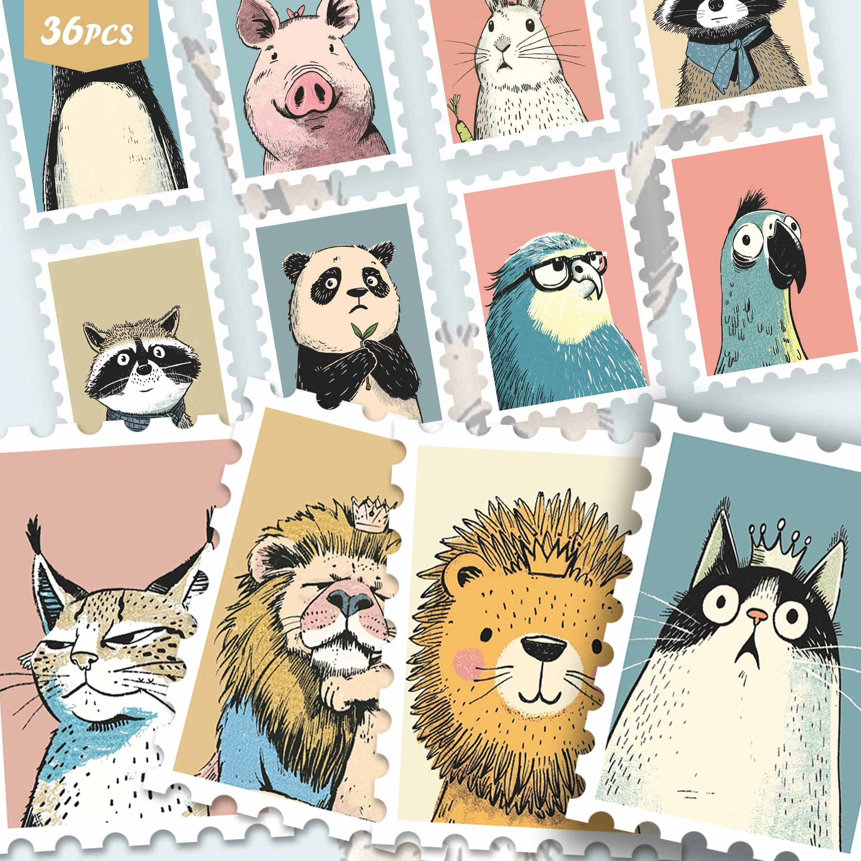 36PCS Pastel Wildlife Stickers for laptops, Funny Animal Face Prints, Perfect for Scrapbooking & Notebook Decoration