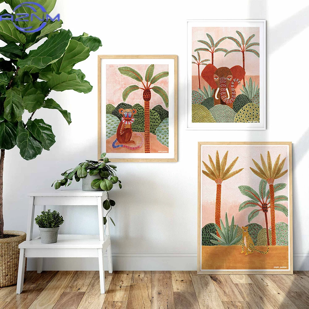 Boho Tropical Elephant Monkey Animal Canvas Painting Nordic Retro Terracotta Poster Print Wall Art Picture Livingroom Home Decor
