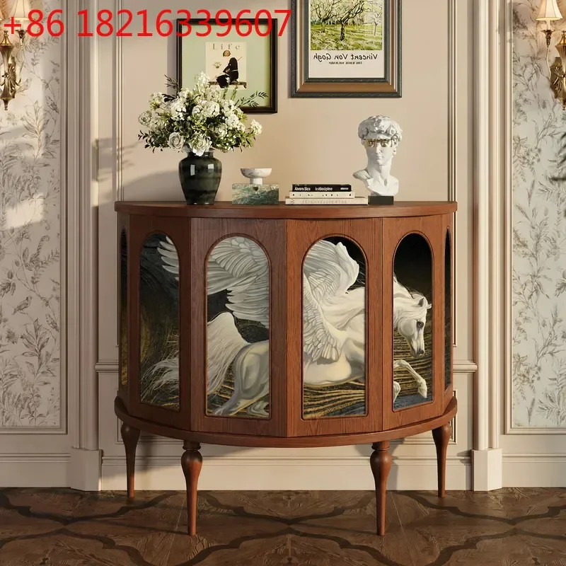 YAORetro Solid Wood Porch Cabinet Semi Round Side Cabinet Living Room Entrance Hall Wall Storage Decorative Cabinet