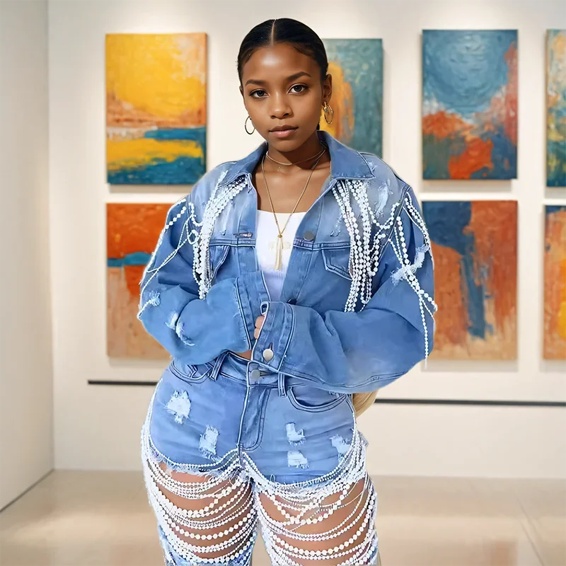Autumn New Fashion Women's Pearl Chain Handmade Bead Denim Jacket Single-breasted Short Coat Female Trendy
