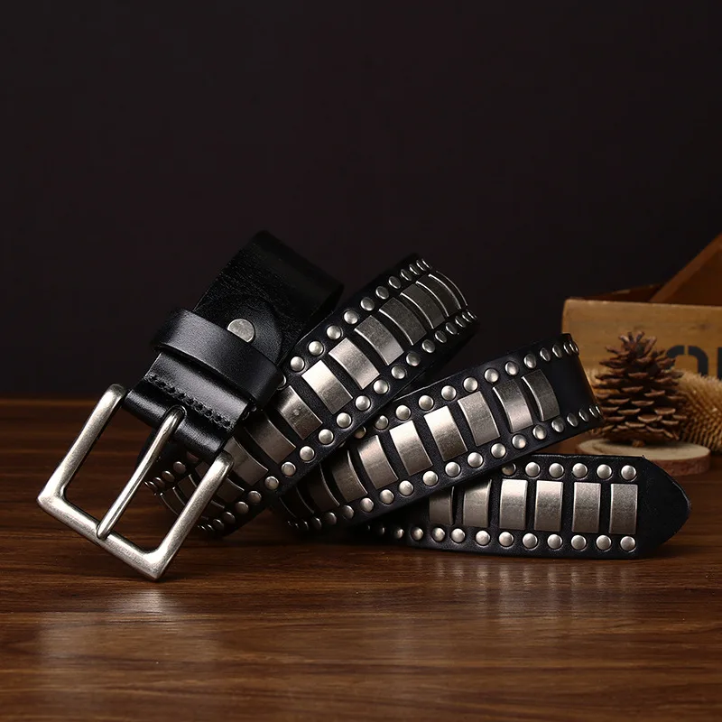 Men's Retro Genuine Leather Rivet Belt First-Layer Cowhide Personalized Trendy Punk Style Workwear Jeans Belt