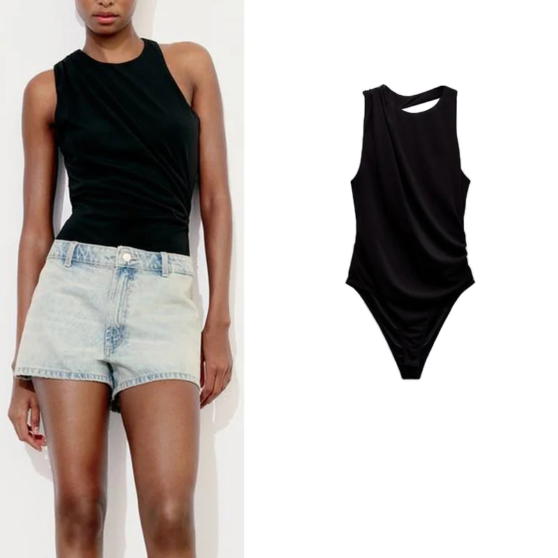 

Spring New Sle Trendy round Ne Svel Slim Fit Top with Jewelry Knot Design Jumpsuit High Waist ort Pants