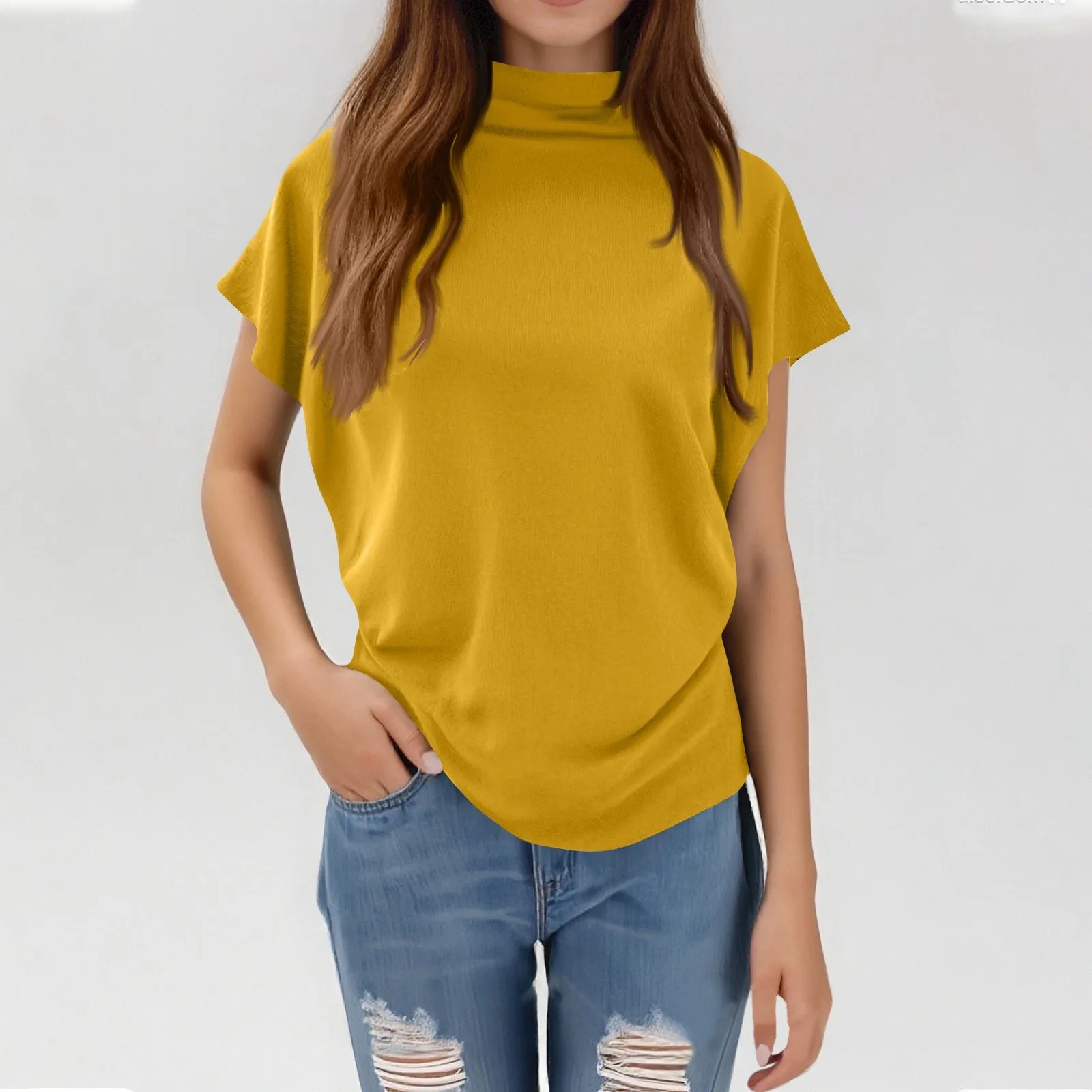 レディース新しいトレンディなファッションソリッドカラーソフトタートルネックトップハイエンドベーシック毎日の通勤薄い半袖プリーツ服