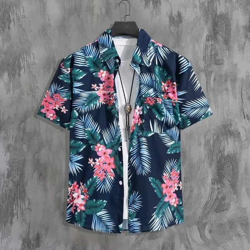 Raya Kurta Kemeja Hawaii Lelaki Summer Loose Casual Flower Bercorak Printing Short Sleeve Shirt Men Baju Kemeja  Lengan Pendek