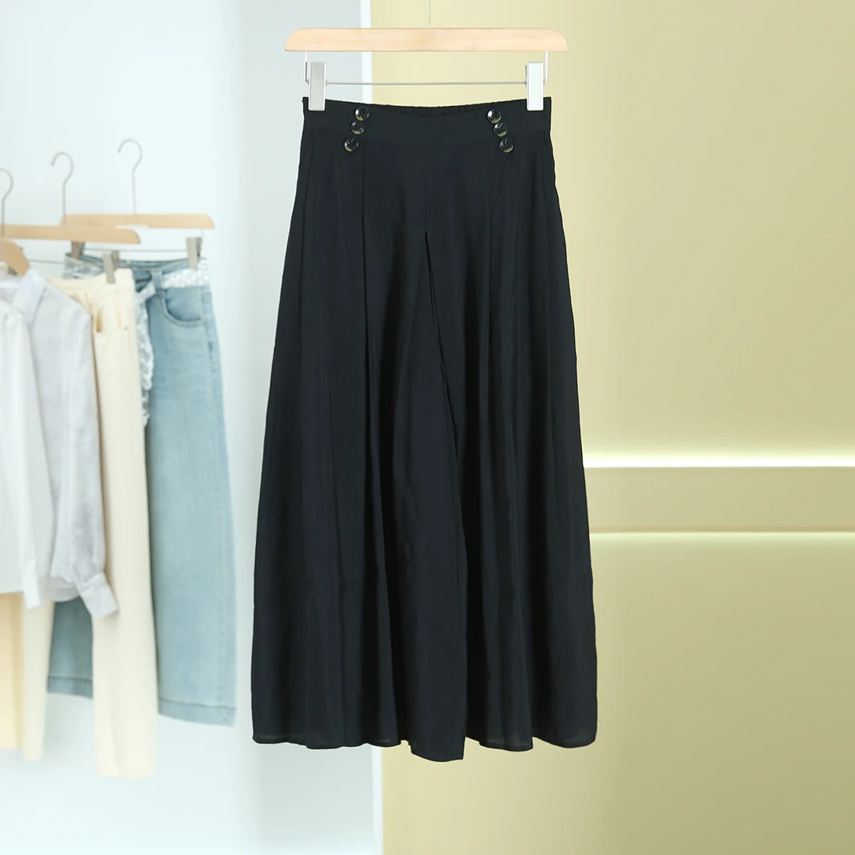 Faionable cor pura perna larga calças casuais solto elástico cintura alta sete comprimentos fibra modal novo verão sle