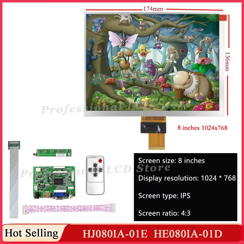 Original New 8 Inch LCD Display Screen Panel IPS 1024*768 HJ080IA-01E Tablet HD HE080IA-01D With VGA HDMI Driver Board Kit
