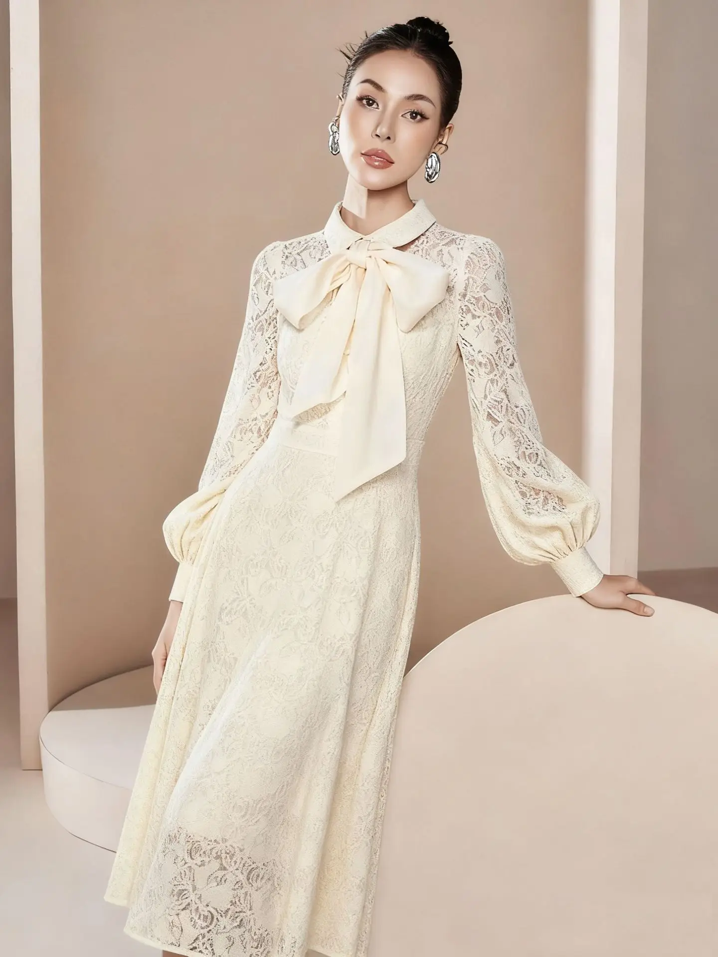 

Шелковое платье-миди Ele с высокой талией и длинными рукавами, растворимое кружево с поясом для женщин, осень 2022, трапециевидное платье для банкета на год