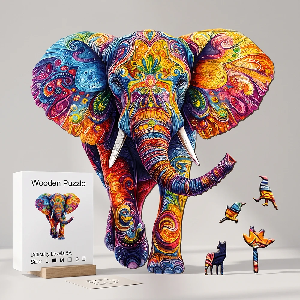 Colorful Mandala Elephant Wooden Jigsaw Puzzle Unique Irregular Animal Shaped Pieces 5A Difficulty Eco Wood Stress Relief Game For Adults Home Wall Decor Christmas Birthday Gift