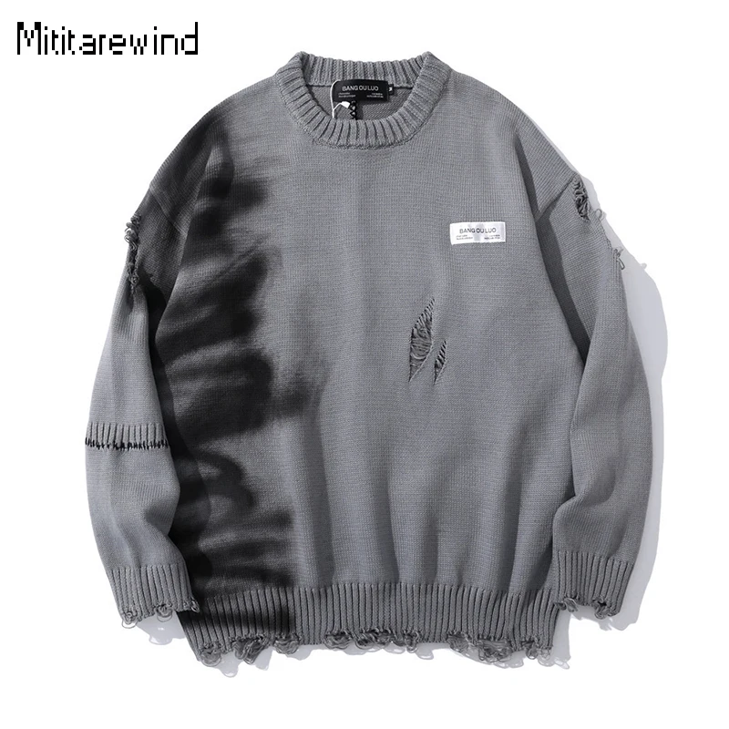 

2024 Spring Man Sweater Ins Style Hole Knitwear Y2k Vintage Streetwear O-Neck Graffiti Print Sweater Youth Trend Loose Pullovers