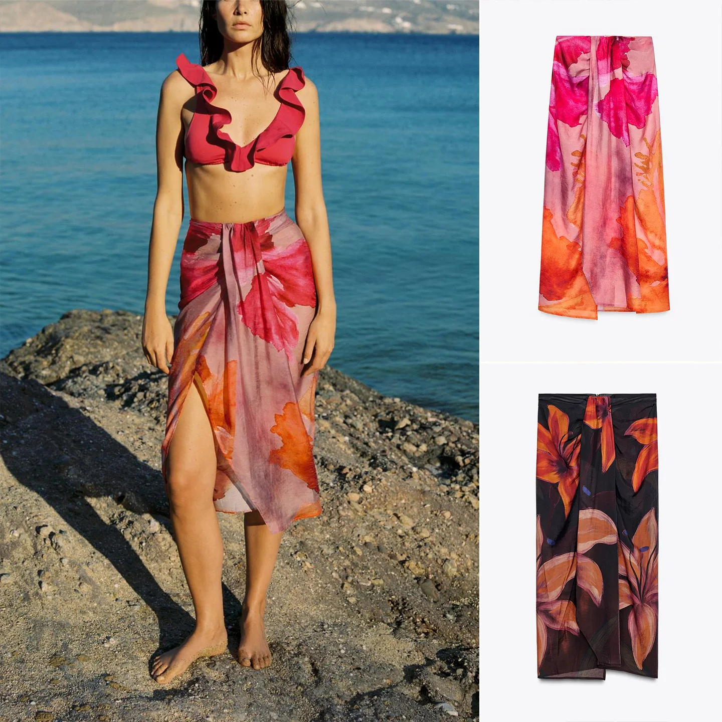 

New Summer Floral Print Midi Skirt Women's Casual Waist Design Polyester Fiber A-Line Skirt Loose Fit Sle Ladies Skirts