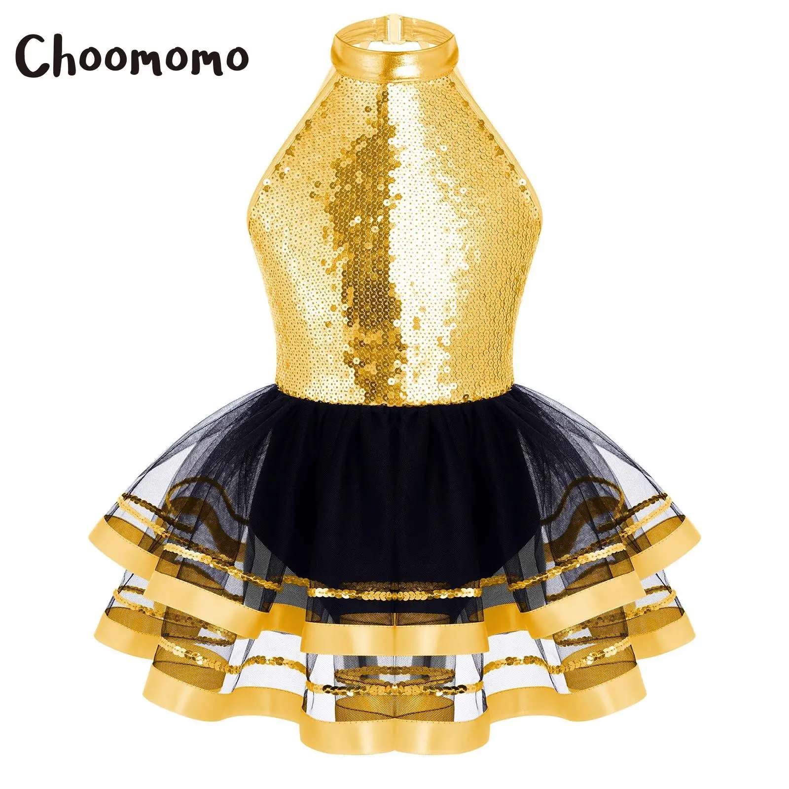 

Girls Halter Shiny Sequin Ballet Tulle Dress Glitter Gymnastics Leotard Dress Modern Lyrical Latin Jazz Dance Performance Costum