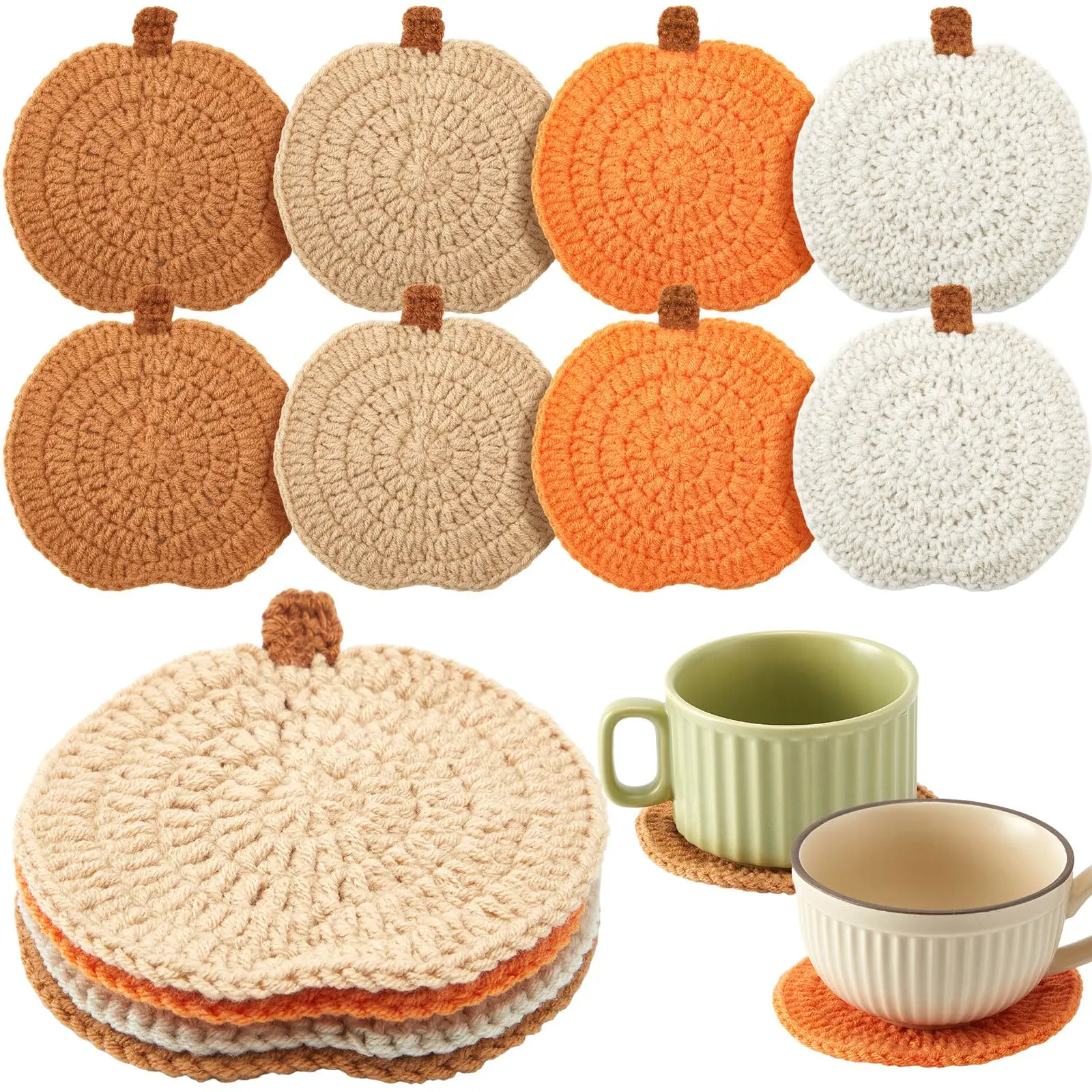 1/4 Pack Fall Pumpkin Coaster Handmade Crochet Drink Coaster Woven Pumpkin Cup Mat Pad for Autumn Harvest Thanksgiving Halloween
