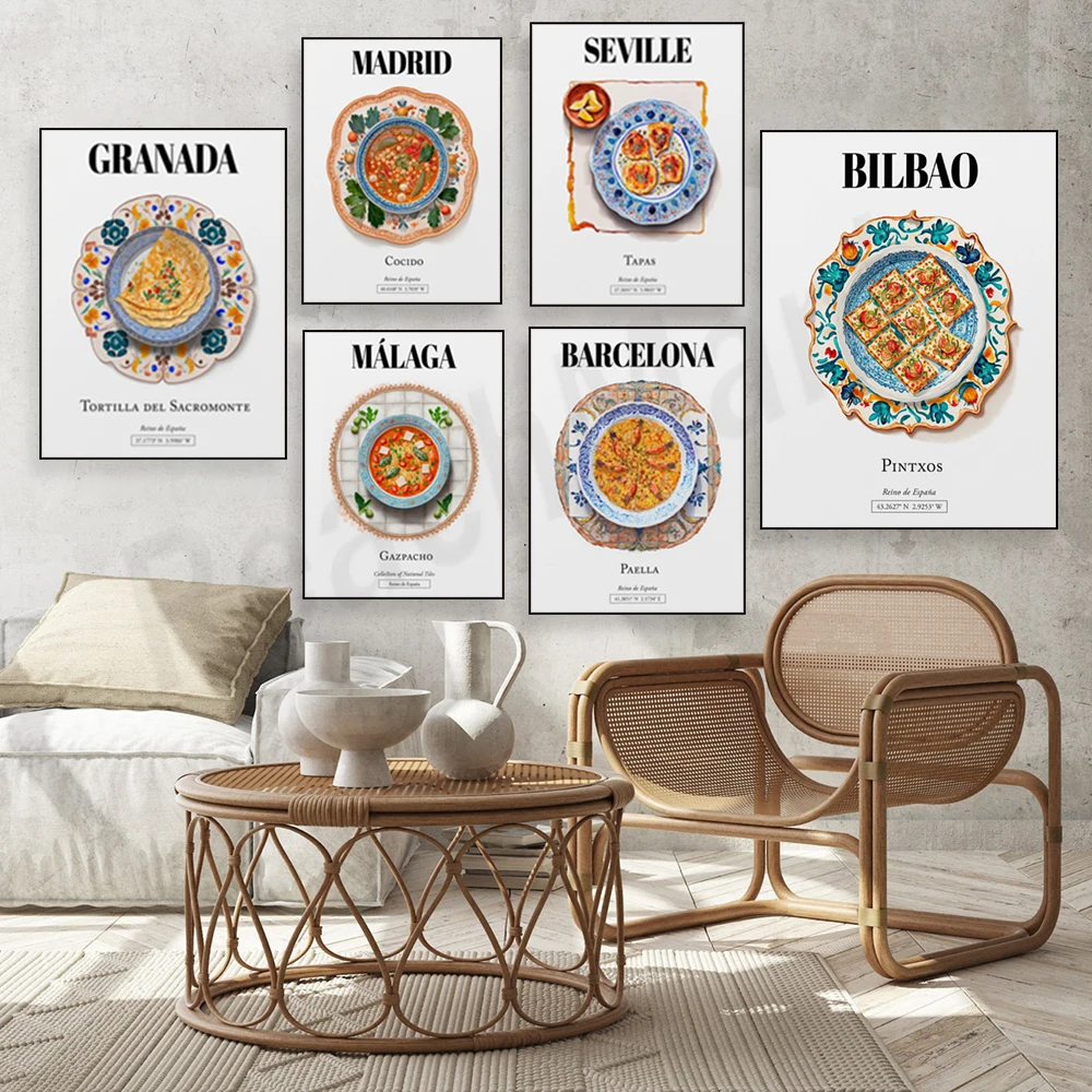 Seville, Madrid, Andalucia, Granada, gazpacho, stew, corn of the sacred mountain, paella, tapas art kitchen decoration poster