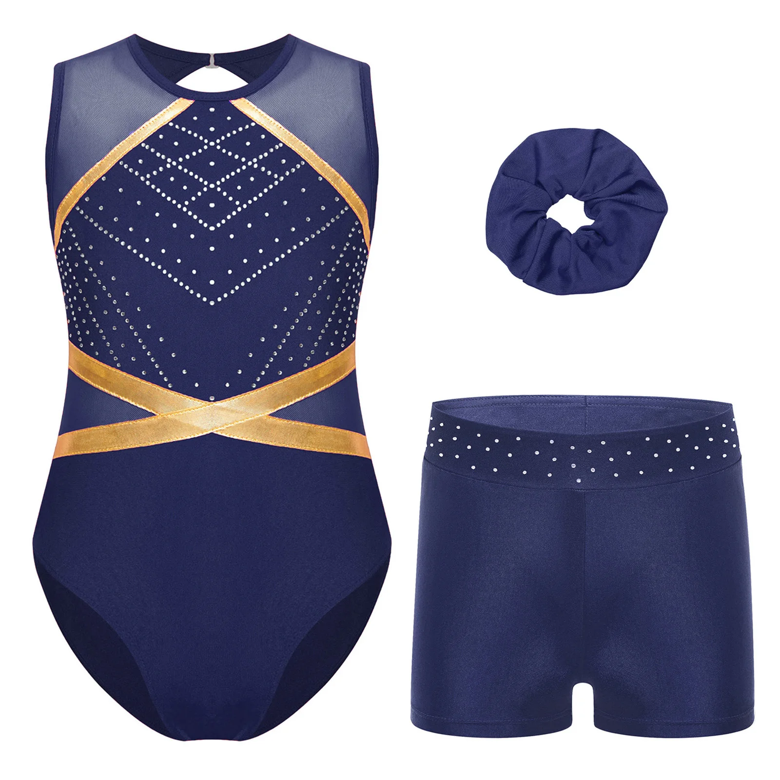 Kids Girls Figure Skating Jumpsuit Contrast Color Dance Leotard with Shorts Teens Yoga Bodysuit Children Gymnastics Leotard