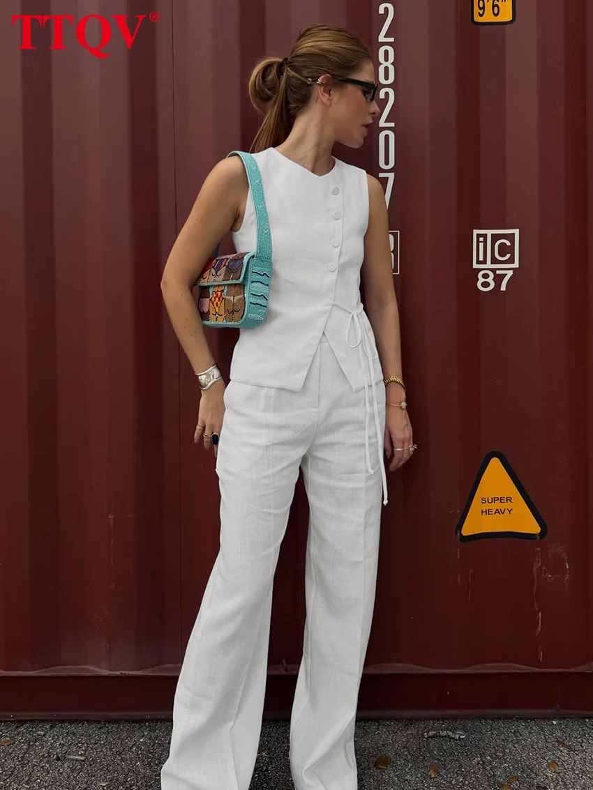 

TTQV Summer Loose White 2 Piece Set Women 2026 Fashion Sleeveless Tank Top With High Waist Wide Pants Set Female Clothing