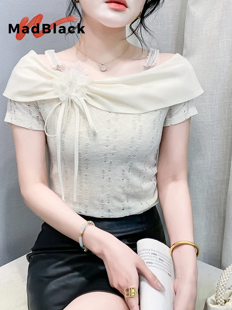 

MadBlack-Women's European T-Shirt, Sexy Slash Neck 3D Floral Diamond, Streetwear Short Sleeve Slim Tee, 2025 Summer New T54303CC