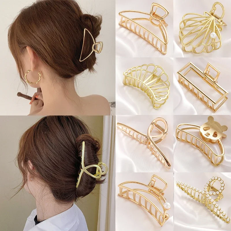 Women Elegant Hair Claw Gold Color Hollow Geometric Metal Hair Clips Vintage Headband Hairpin Fashion Hair Crab Hair Accessories