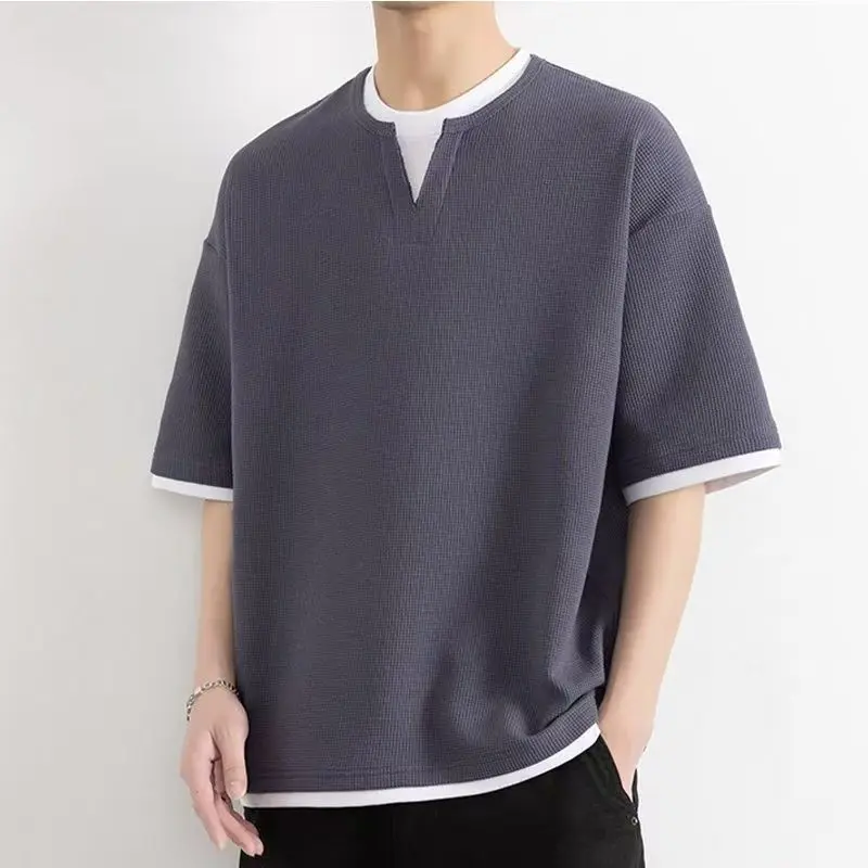 Men Dark Gray Waffle Knit Fake Two Piece Short Sleeve T-Shirt V-Neck Loose Casual Cotton Summer Top