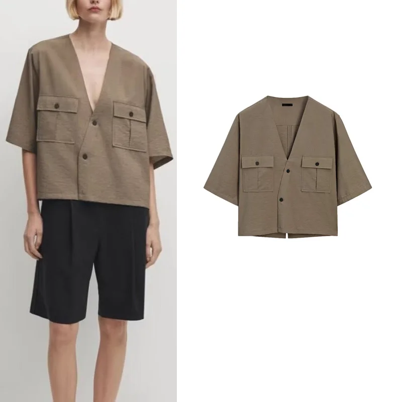 

New Arrival Casual Ele Briti Sle V-Ne ort Sve irt for Women Drifting Commute Sle Polyester Fiber 00%
