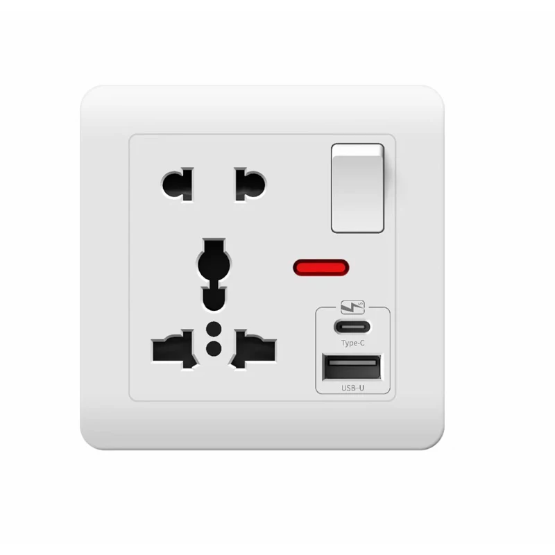 86/146 Wall Power Supply Multi-function 3/5-pin Universal Socket with 2.1A  10W Dual USB Type-c Charging Ports, 13A UK Socket