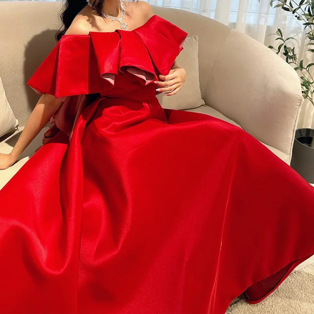 Temperament Ruffles Tiered Boat Neck  A-Line Evening Dress Custom Size Satin Off the Shoulder Backless  Irregular  فساتين سهرة