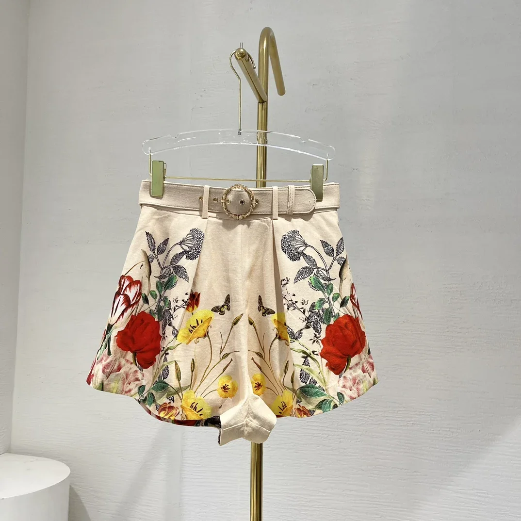 Summer 2024 Women New Holiday Collection Floral Print Long Lantern Sleeve Vintage Silk Blouse Tops and Belted Linen Shorts Set