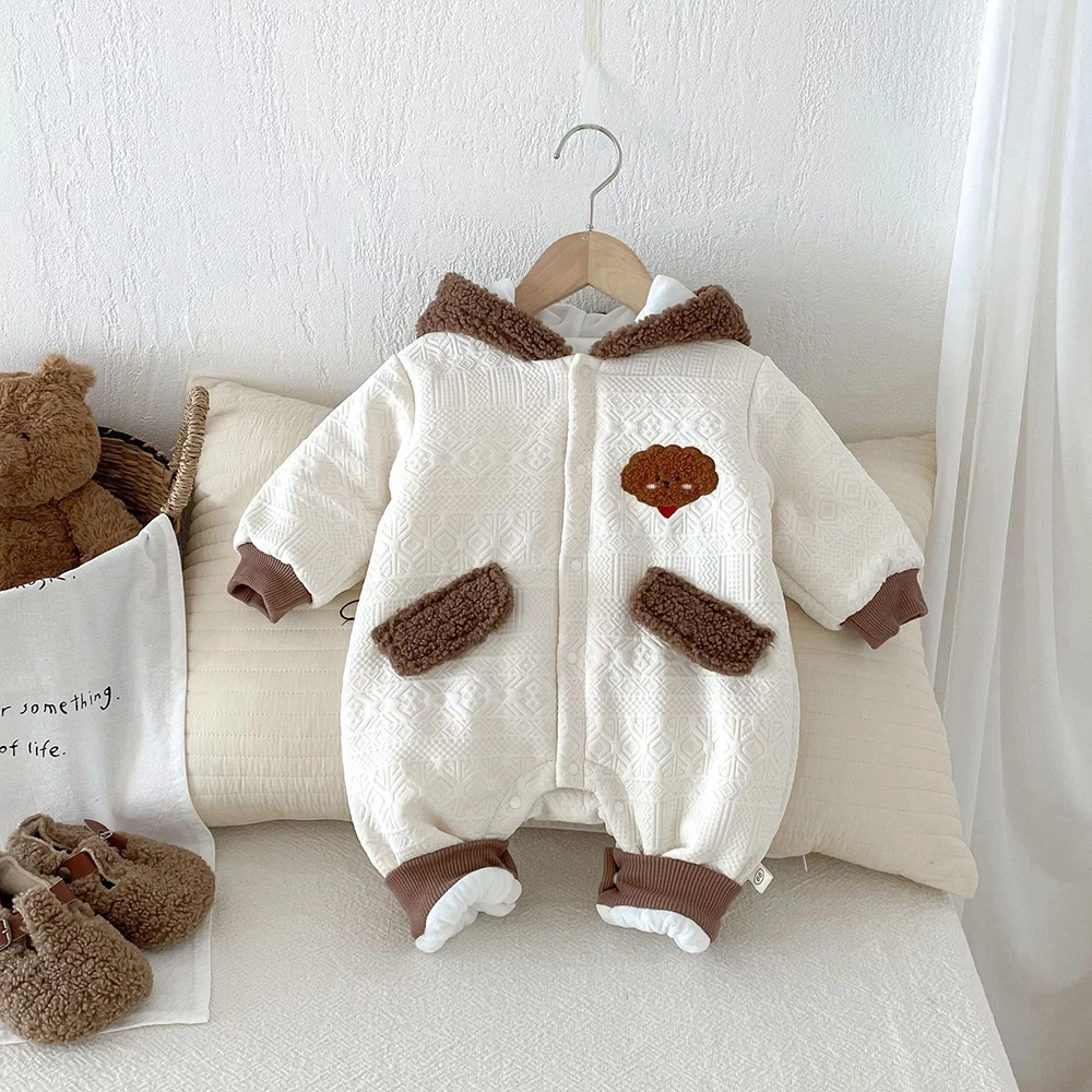 MILANCEL 0-2Y Baby Clothing Fur Lining  Rompers Fleece Lining Hoodie Jumpsuits Warm Baby Clothes