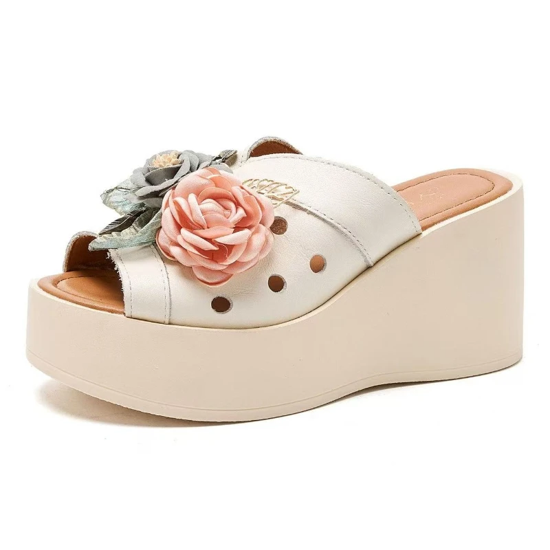 2026 New Summer Women Slippers Genuine Leather Platform Shoes Retro Style Flower High Heels 8cm Ladies Summer Slippers Shoes