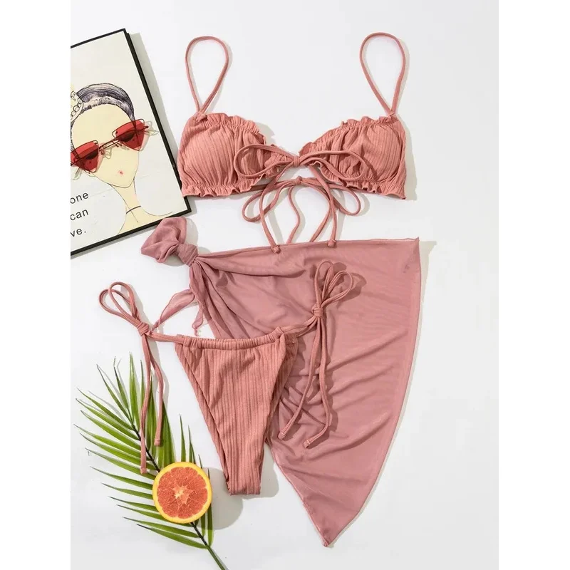 여성용 플레인 양상추 트림 타이 프론트 비키니, 프릴 비키니, 시스루 메쉬 커버 업, 레이스업 팬티, 3 팩 수영복