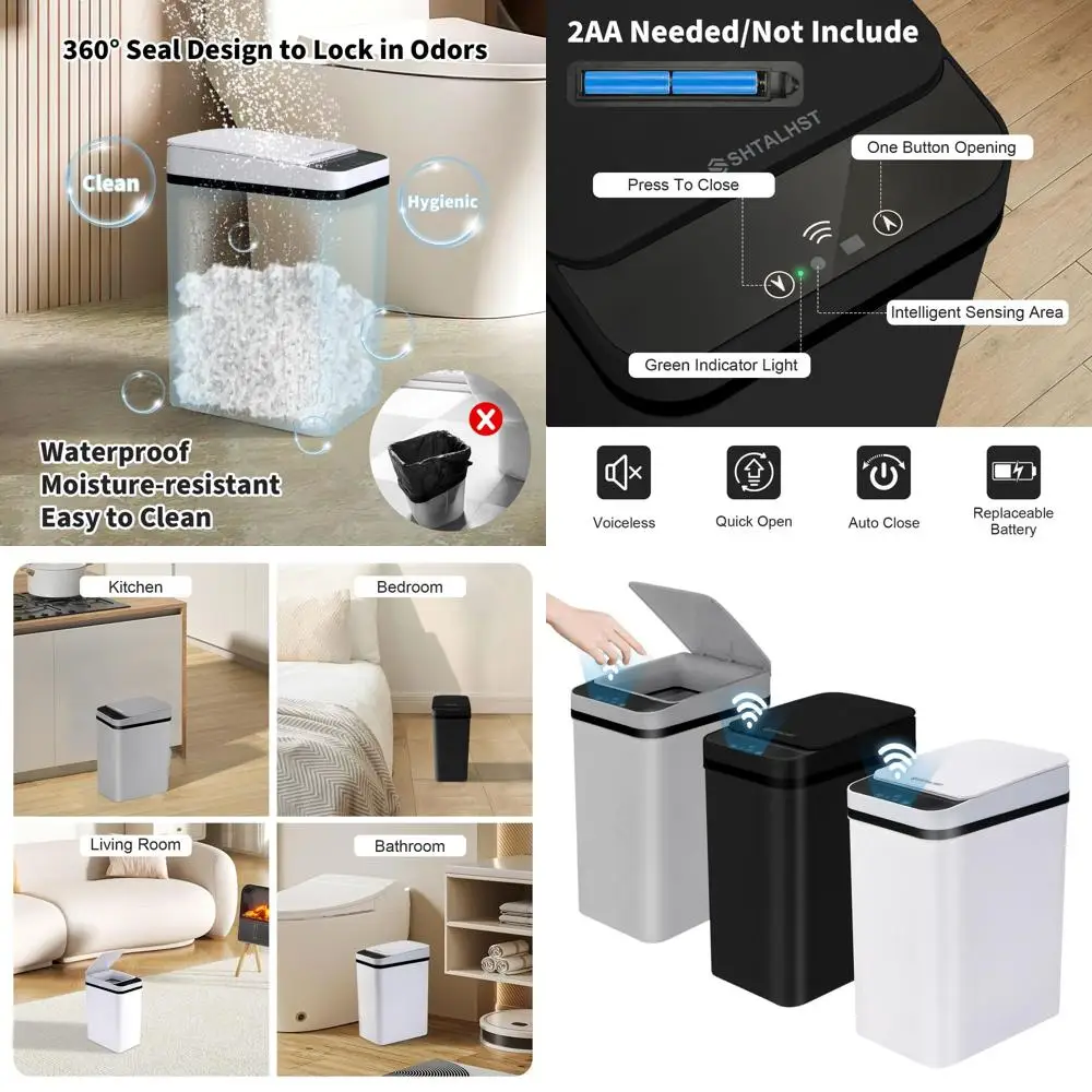

3-Pack Touchless Trash Cans, 2.5 Gallon Slim Design, Motion Sensor, Waterproof Plastic Bins for Home & Office (Black, Gray, Whit