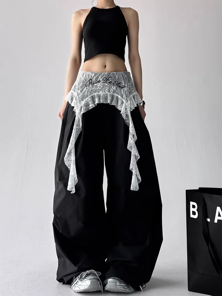 Y2K Streetwear Wide Leg Casual Pants for Women Lace Patchwork Fake Two-Piece Design Loose Trousers Creative Hip Hop Dance Pants