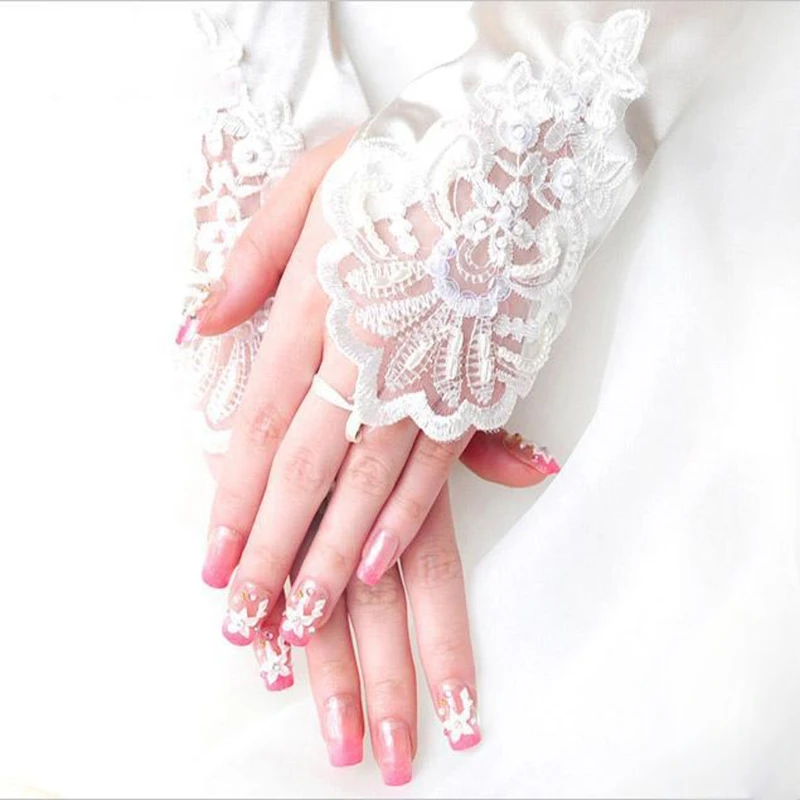 Womens Long Gloves Fingerless Embroidery Lace Trim Beaded Sequins Bridal Wedding Accessory