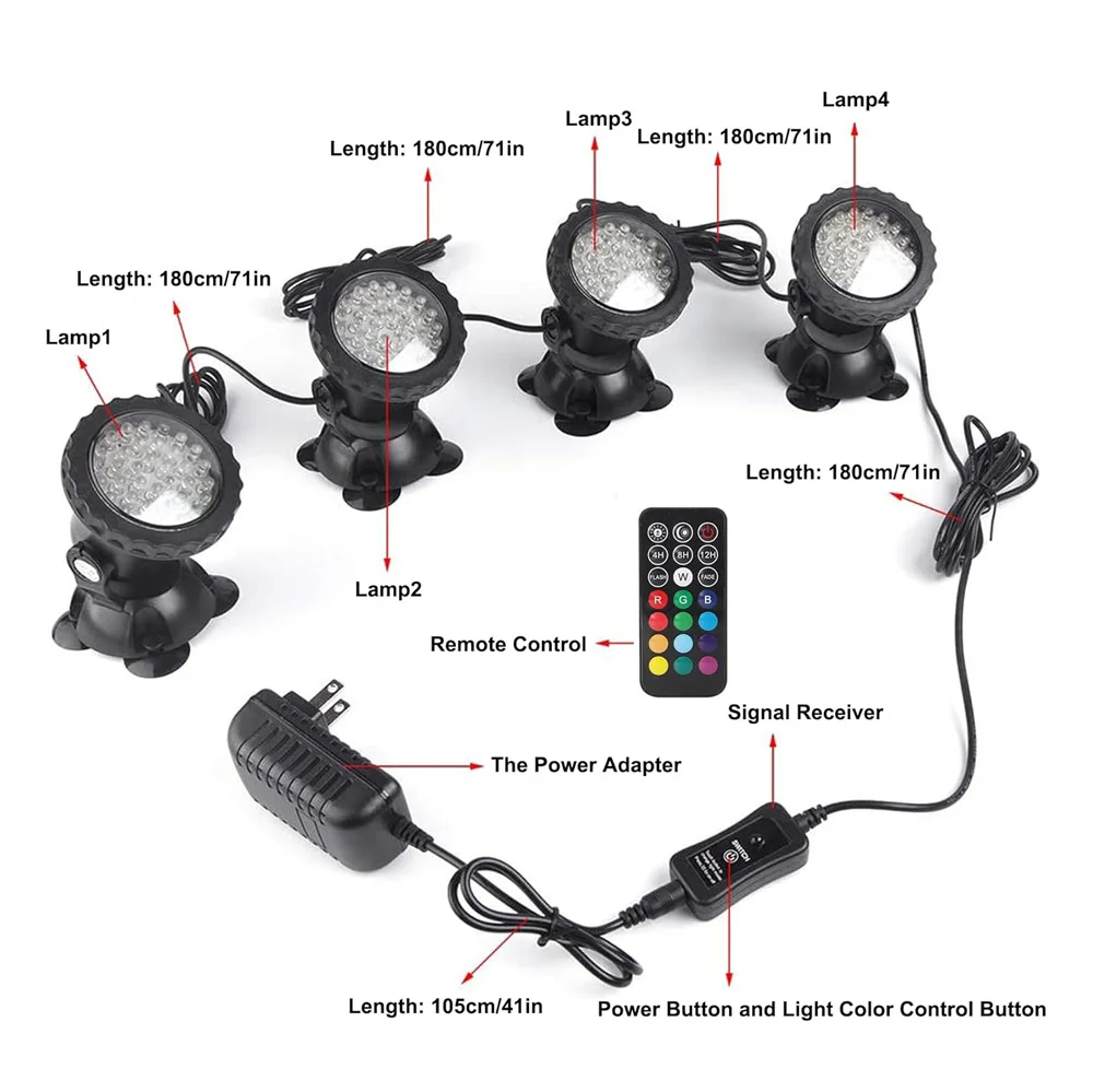 Luci per laghetti in modalità alba/tramonto luci per fontane subacquee a LED lampadine a 36LED con Timer telecomando colori che cambiano sommergibile