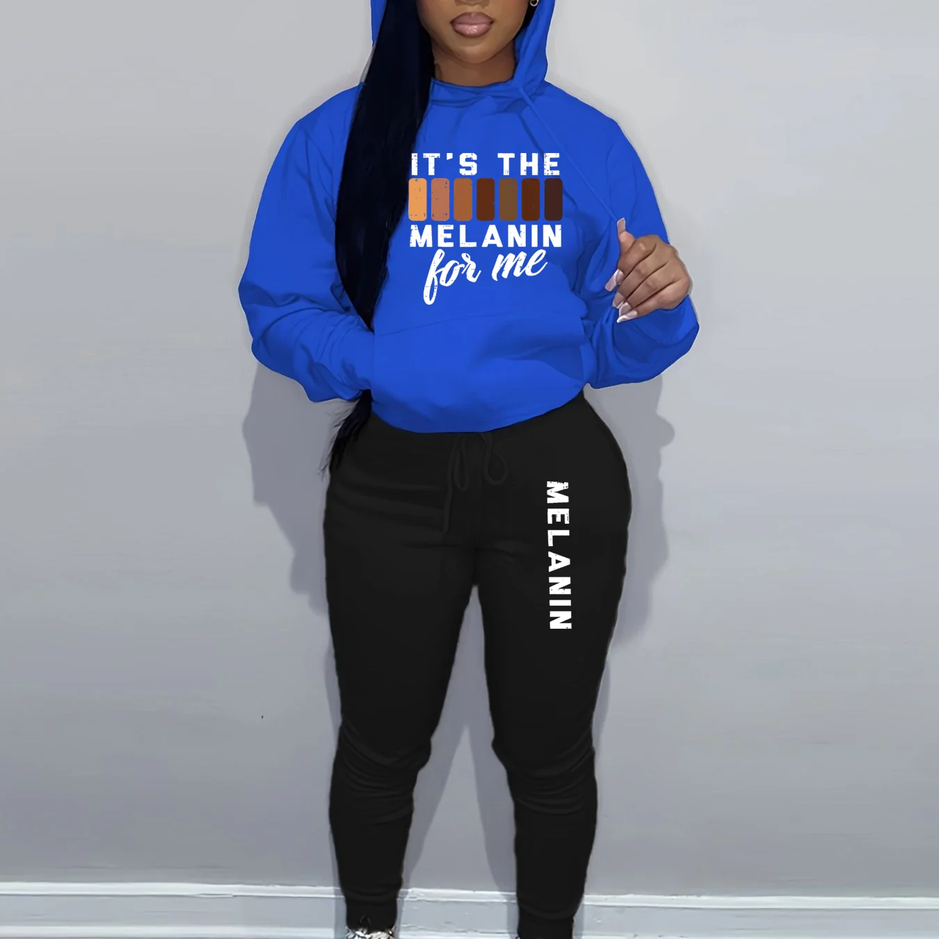 Women's autumn and winter fashion casual MELANIN pattern print with plush warm and thick pullover hoodie+sports pants set