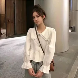 Korean Style Women Shirt Long Sleeve White Top Female Autumn Peter Pan Collar Fashion Woman Blouse 2024 Lace Ruffles Clothes New