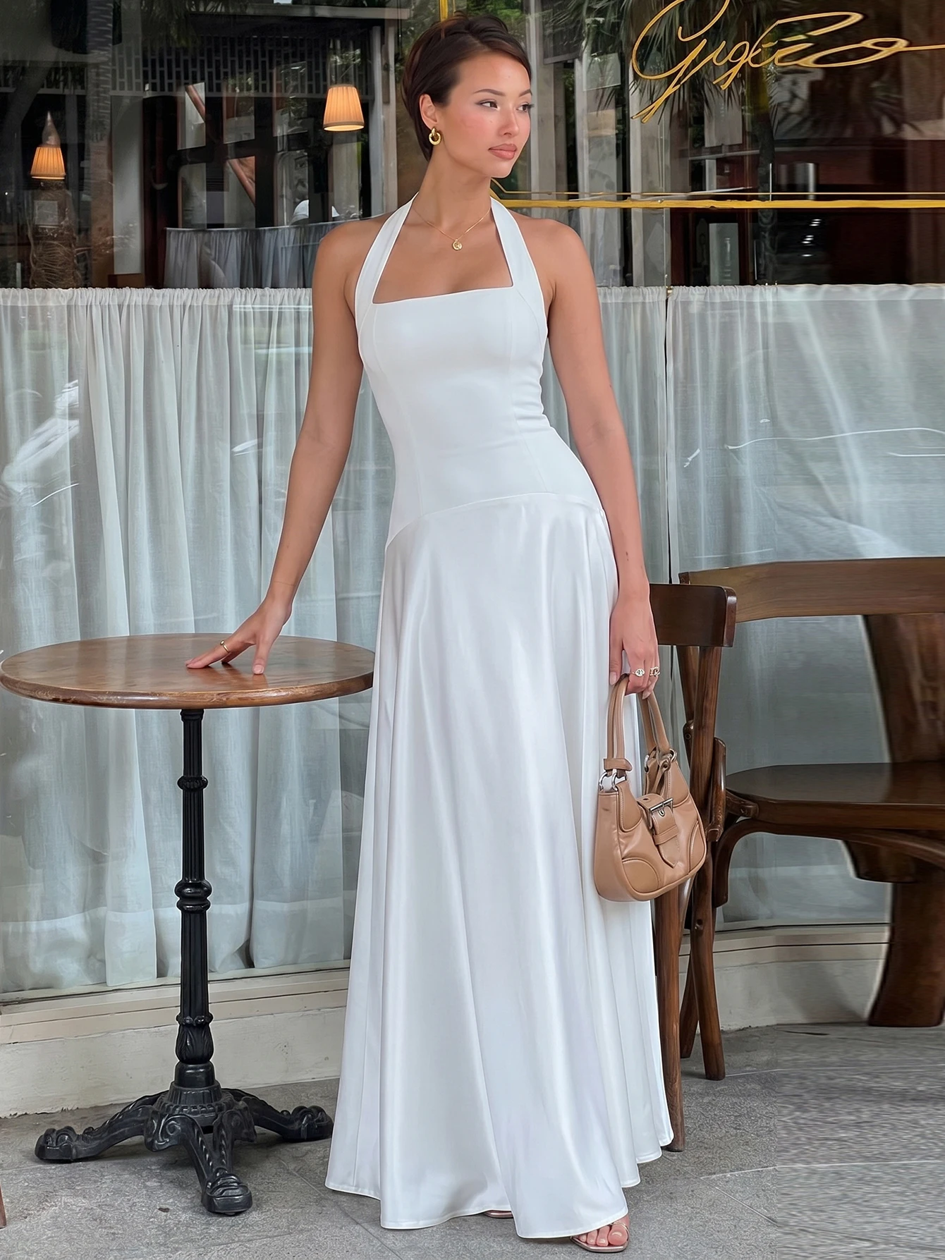Hugcitar Women'S Elegant Solid Halter Backless Zip Up Sexy Ruched Maxi Dress Summer Fall Fashion Outfits Birthday Party Holiday