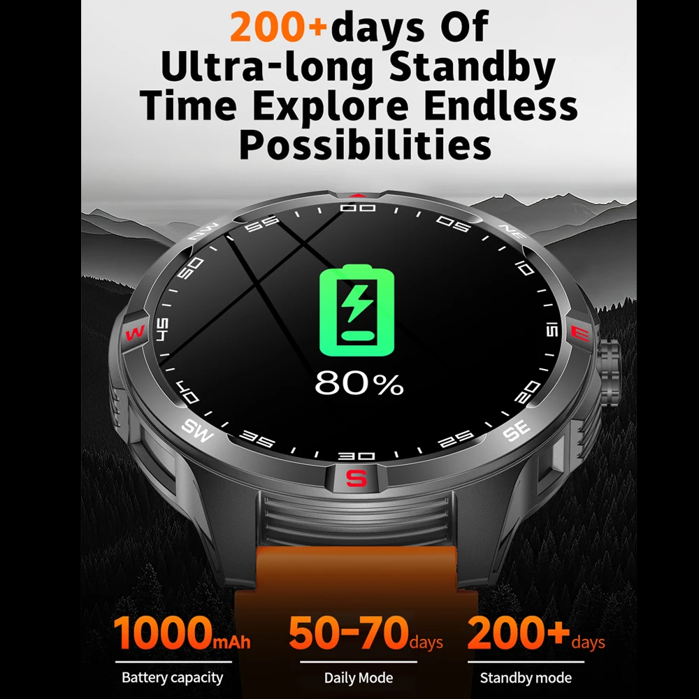 ChiBear 2025 جديد 1000mAh العسكرية في الهواء الطلق ساعة ذكية الرجال الرياضة اللياقة البدنية البوصلة 3ATM مقاوم للماء بلوتوث دعوة Smartwatch رجل