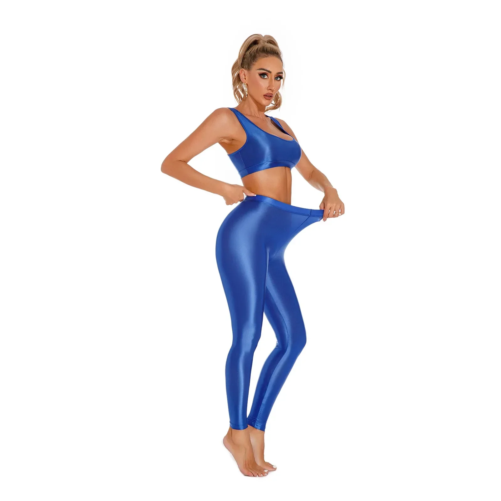 Damen glänzende Sport Tanz Outfits ärmellose Racer back Crop Top mit elastischen Bund Leggings Gym Yoga Fitness Pool Bade bekleidung