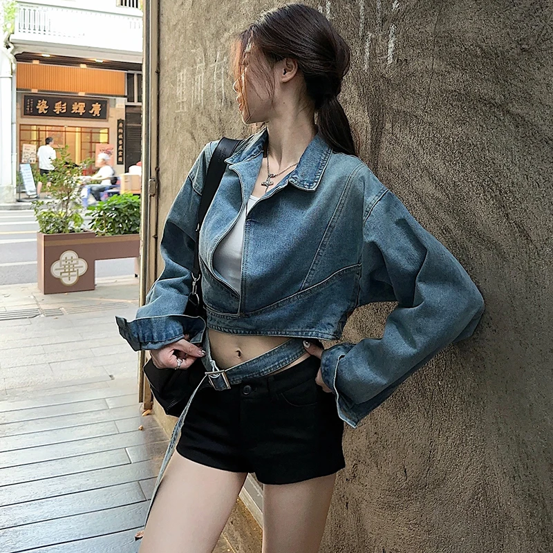 Vintage Turn-Down Collar Criss-Cross Jeans Jacket Coat Women Long Sleeve Denim Coat Cropped Tops
