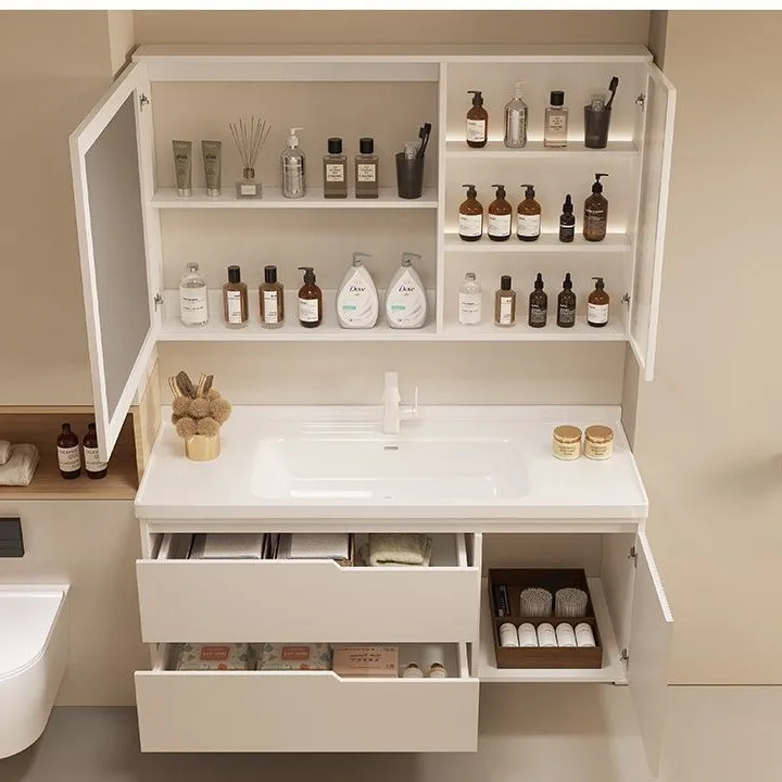 

Cream wind, oak, paint, ceramic, integrated basin, bathroom cabinet, combination, minimalist