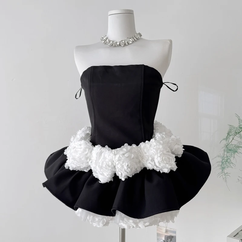 

Women's Sexy Strapless Mini Dress 3D Flower Ruched Graduation Party Prom Short Dresses with Shorts Zip Up Evening Dress Girls