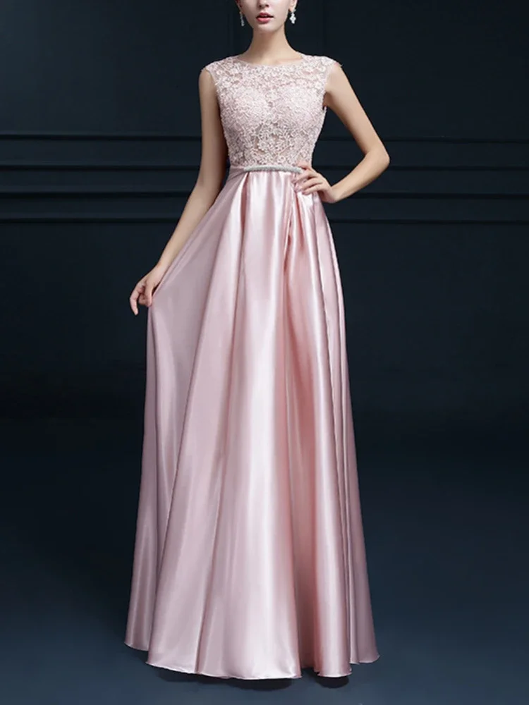 Customized Draped Elegant Temperament Prom Vestidos O-Neck Sleeveless Lace V-Back Evening Dresses Bow Slim Waist Long Wedding Pa