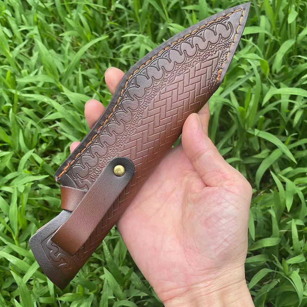 24cm Fixed Blade Knife Scabbard Embossed Cowhide Second Layer Leather Camping Knife Case Hunting Holsters with Belt Buckle