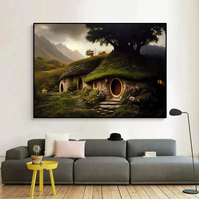 The S-Shire Canvas Painting H-Hobbit Hole Landscape Poster Cozy Earth  Halfling House Wall Art for Living Room Home Decor Mural