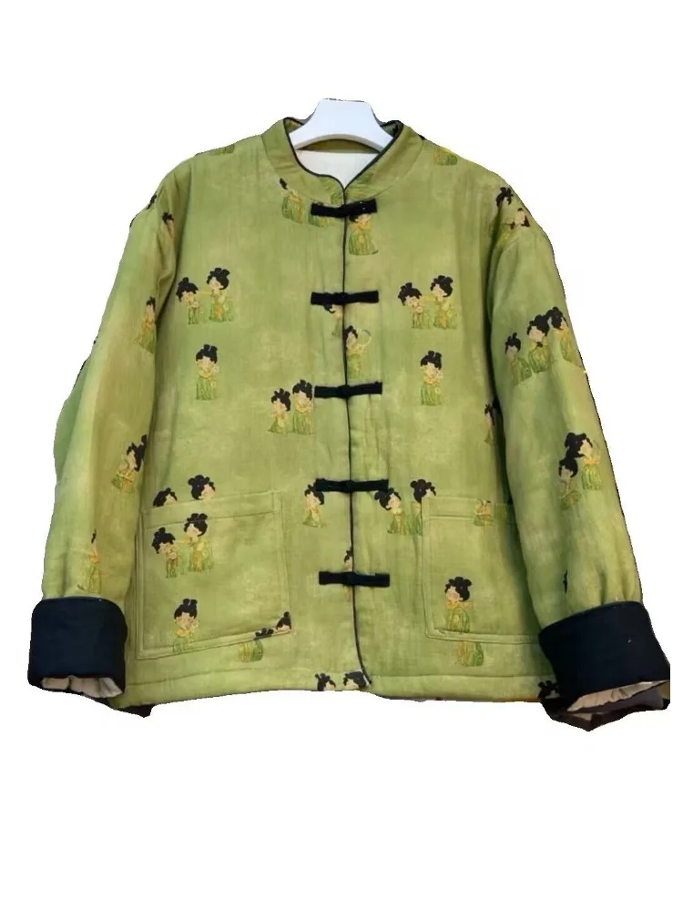 Thickened Cotton Jacket Women's Winter Coat Stand Collar Printed Warm Filled Traditional Chinese Style Long Sleeve Loose Fit