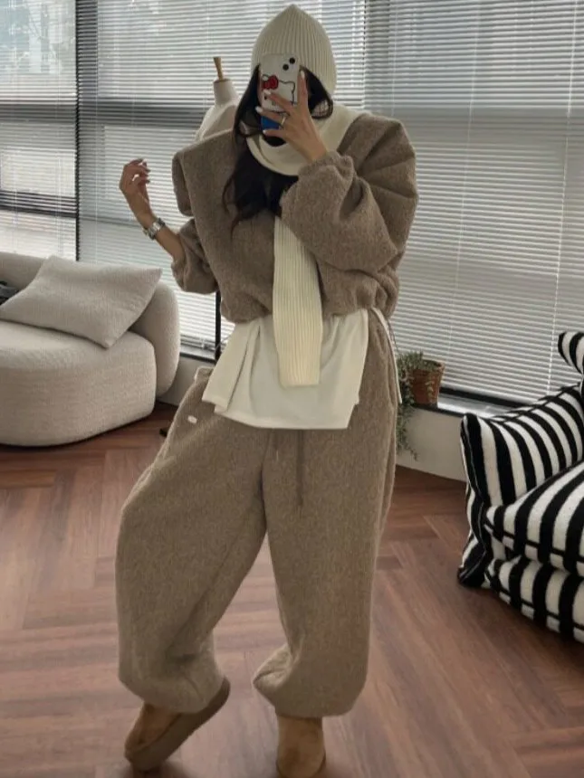 Warm Fleece Hoodie Drawstring Elastic Waist Casual Pants Set Korean Style Anti-freeze Sheep Farm Wool Half Zip Winter Outfit