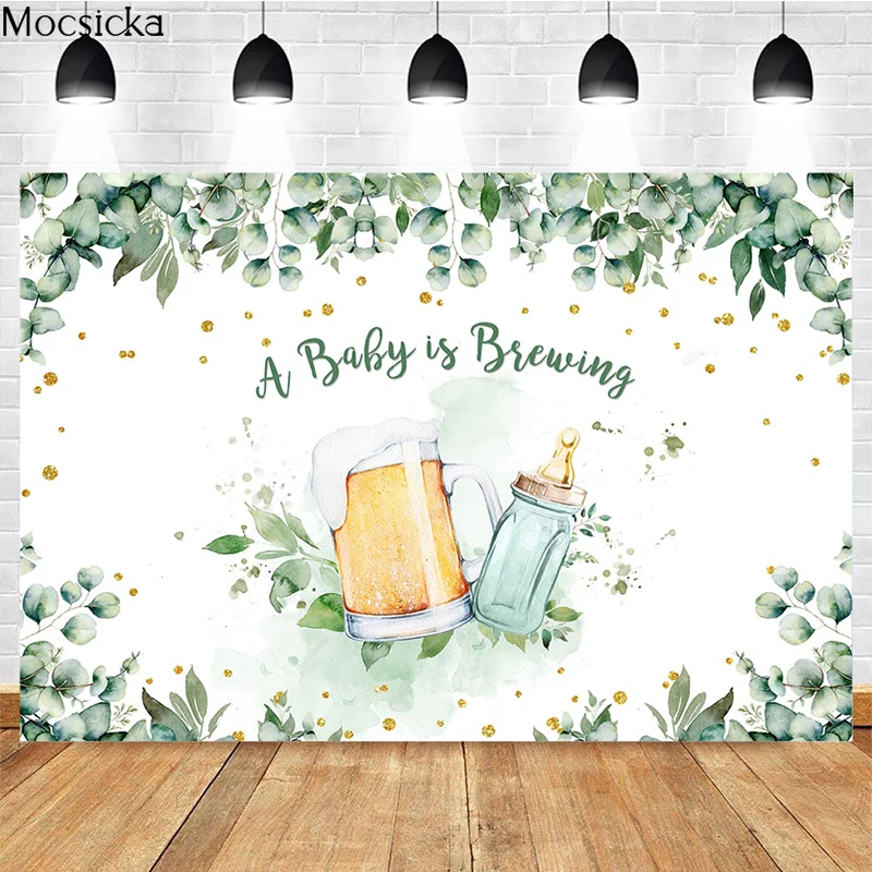 Mocsicka Baby Shower Photography Background Milk Bottle Beer Mug Green Leaves Decoration Newborn Portrait Photo Wallpaper Banner