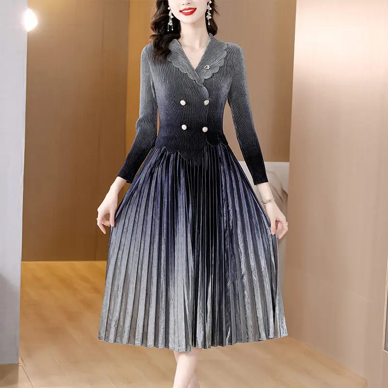 

2023 Spring Autumn Elegant Dress For Women Slim Fit Long Sleeve Suit Collar Pleated Dress Trendy Office Ladies OL Clothes T547