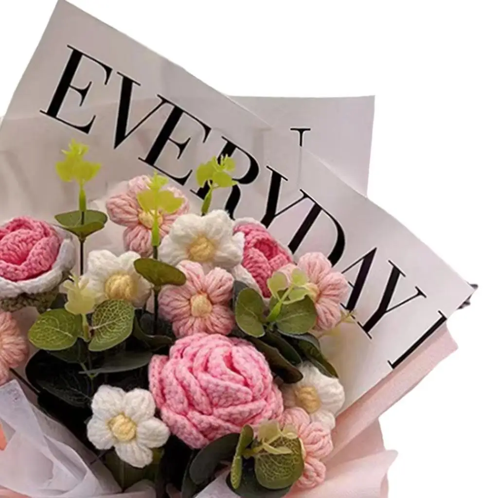 Buquê de flores de crochê feito à mão, buquê de flores falsas, decoração de flores artificiais para aniversário, noivado, aniversário