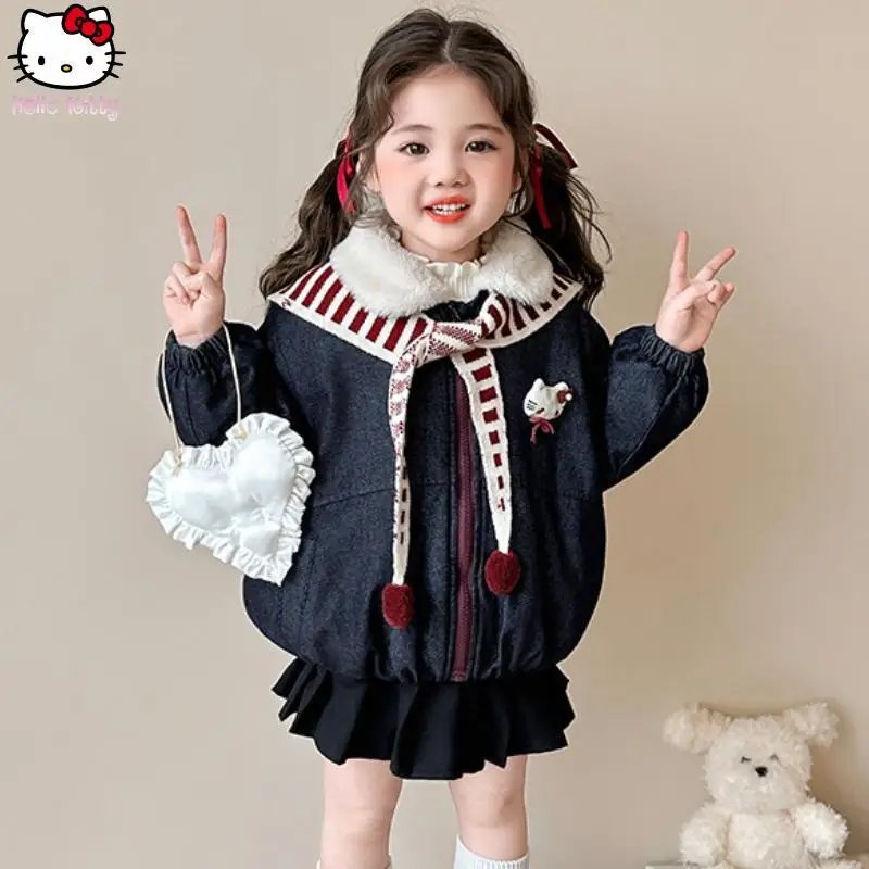 

Children's Hello Kitty Thickened Jacket Kawaii Autumn Winter New Anime Cartoon Girls Sanrio Fashion Denim Jacket Tops with Shawl